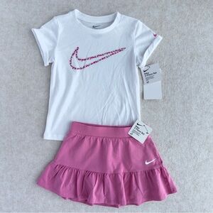 Nike Toddler Girl 2PC Skort Outfit Set 4T White Swoosh Tee Pink Skirt Shorts NWT